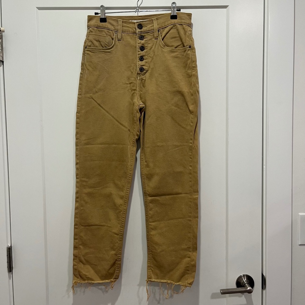 Whetherly Pierce High Rise Straight Leg Pants Camel Tan Raw Hem Size 26/2